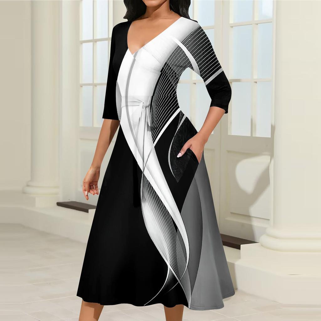 Женское повседневное модное платье миди с V-образным вырезом и рукавом три четверти