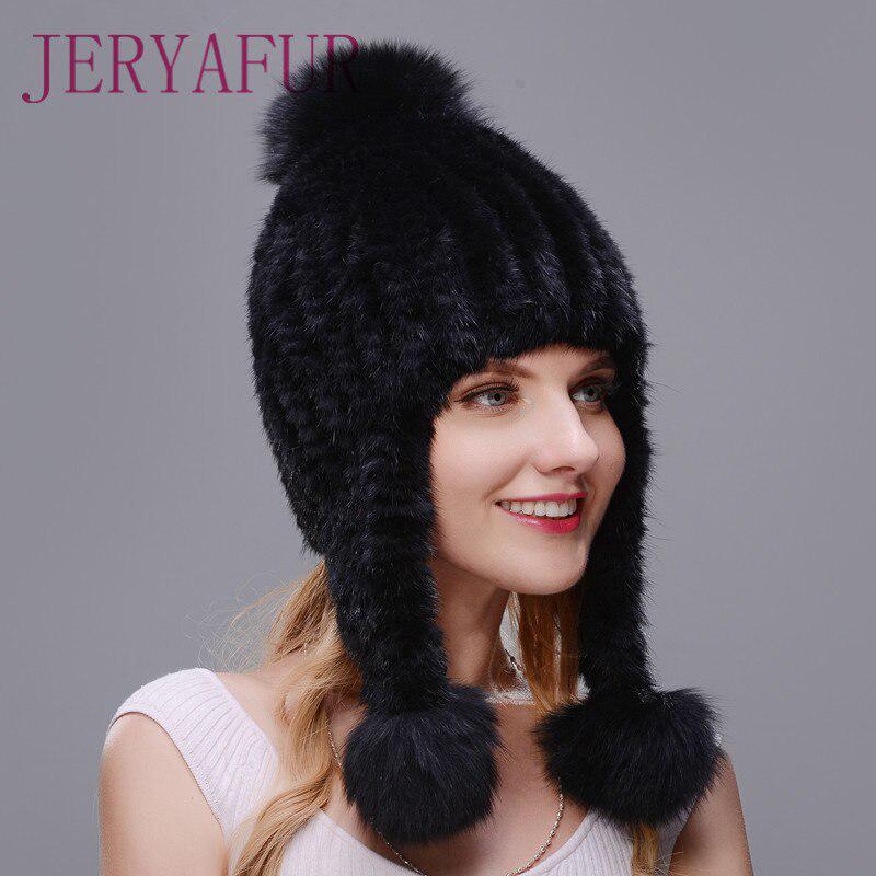 JERYAFUR Шапка с кисточками и помпоном из натурального меха