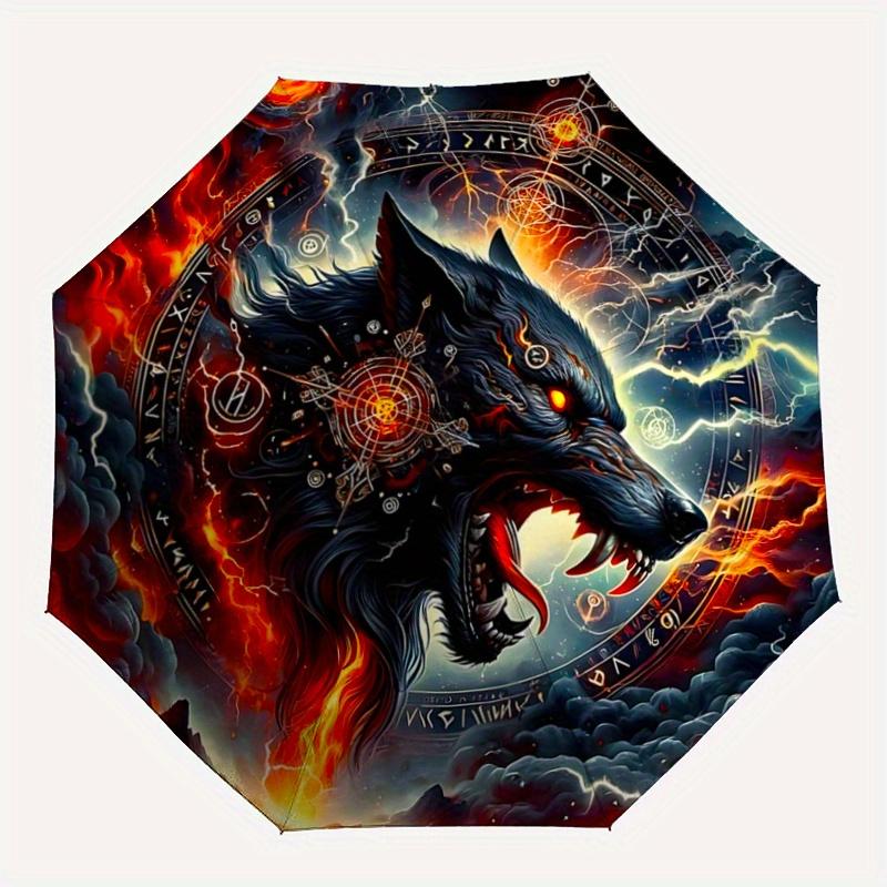 1pc A Fiery Wolf amidst Celestial Symbols Pattern Automatic Umbrella is Fashionable and Good-Looking,  Suitable for Travel and Daily UseC014
