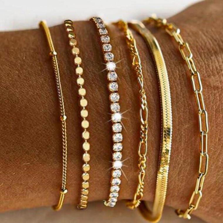 6pcs Vintage Punk Zircon Metal Chain Bracelet Set for Women Beaded Twist Design Multi-Layer Bracelets Daily Wear Jewelry Gifts