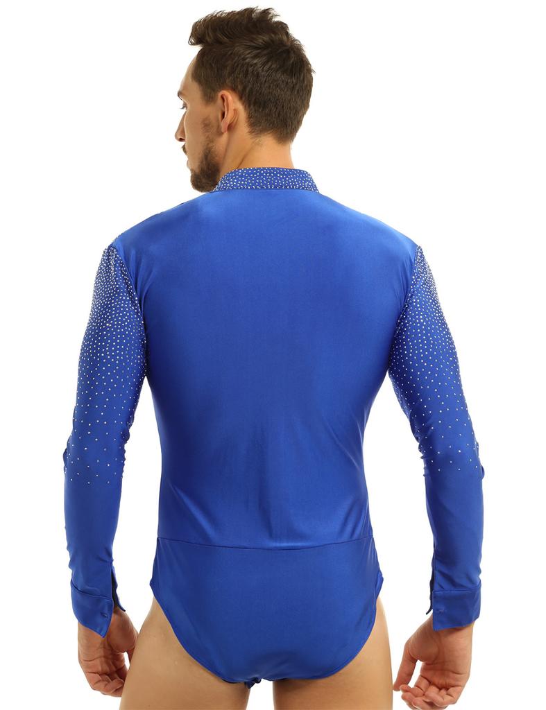 Мужская танцевальная рубашка с блестками и V-образным вырезом и длинными рукавами, трико, боди, цельная танцевальная одежда