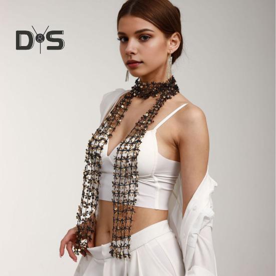 Women Scarf Shiny Sequin Flower Shape Hollow Design Scarf Glitter Embellished Thin Scarf Fashion Accessory