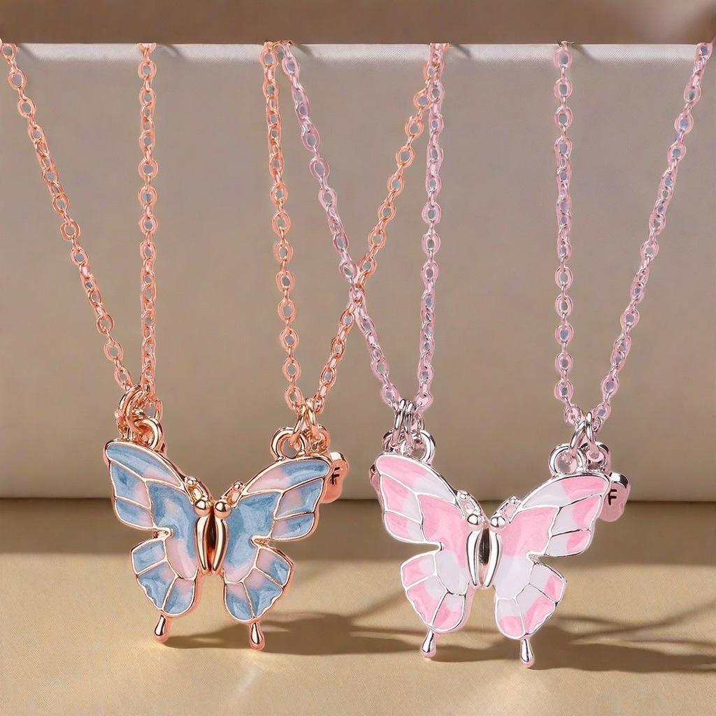 Cartoon Butterfly BFF Necklace Set with Alloy, Drip Oil, Magnet, & Stone Details – Perfect for Kids