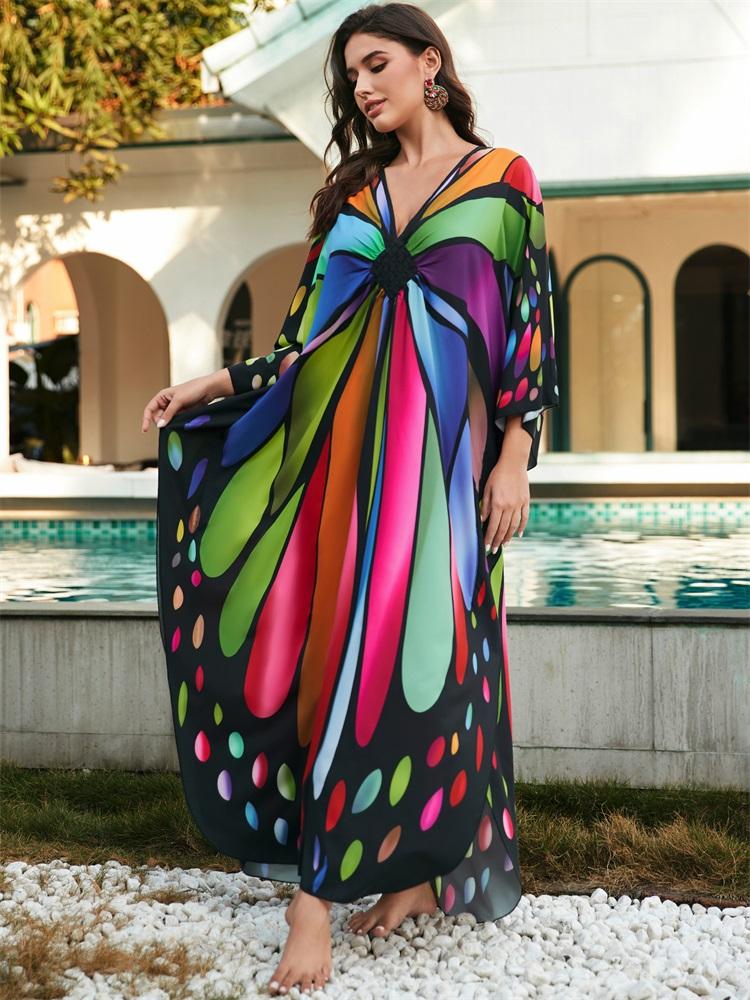 EDOLYNSA Plus Size Kaftan Red Bohemian Printed Summer Long Beach Dress Women Homewear Outfit Swim Suit Cover Up Loose Caftan