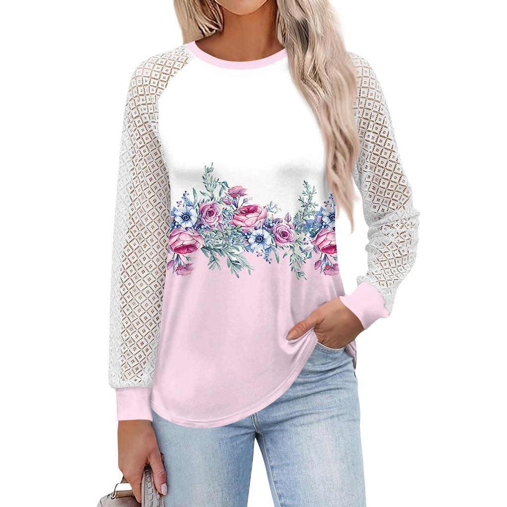 Women's  Long Sleeve  T Shirts Round Neck Lace Tops  Casual Blouses Trendy  Fashion Top