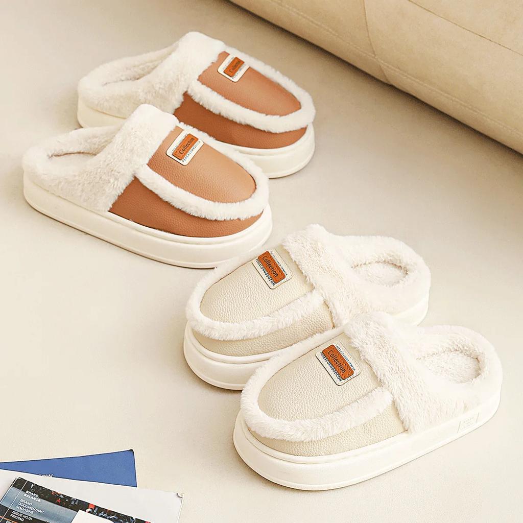 Женские тапочки из хлопка на толстой подошве, зима 2025 г., плюшевые теплые парные тапочки из искусственной кожи, удобные домашние тапочки из хлопка с нескользящим покрытием