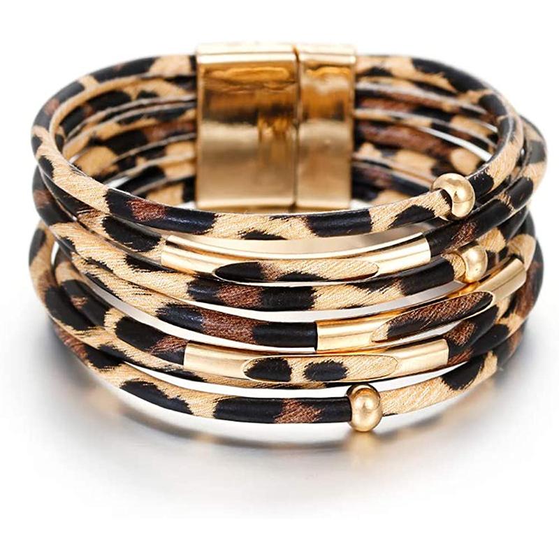 Кожаные браслеты для женщин, леопардовые многослойные хрустальные бусины в стиле бохо, браслет-манжета, ювелирные изделия