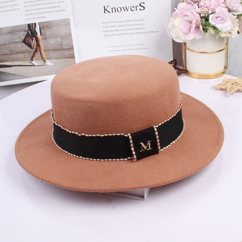 Wool French celebrity white flat top top top hat, female British retro fashion Hepburn hat