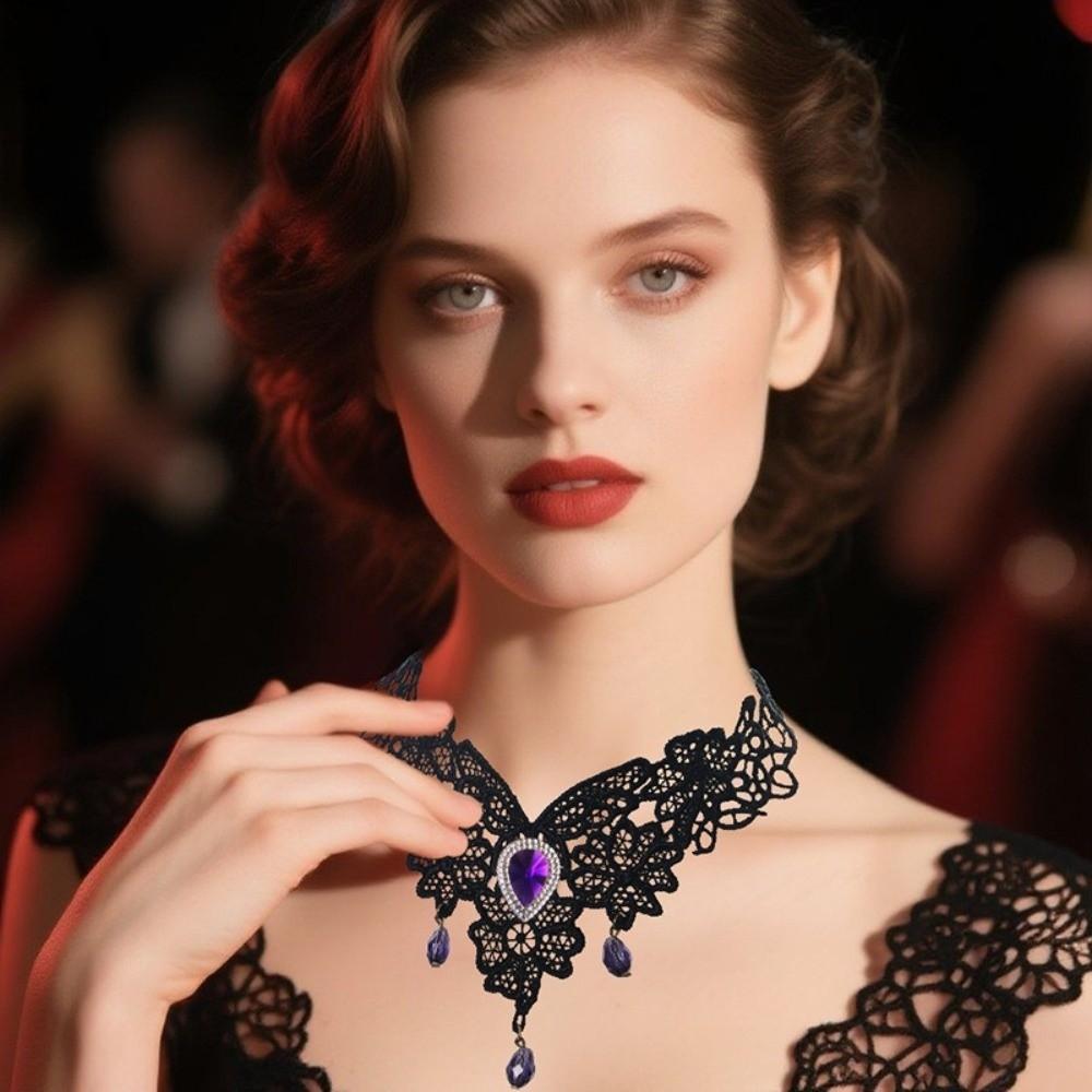 Pendant Lace Flower Necklace Rhinestone Halloween Clavicle Choker Gothic Accessories