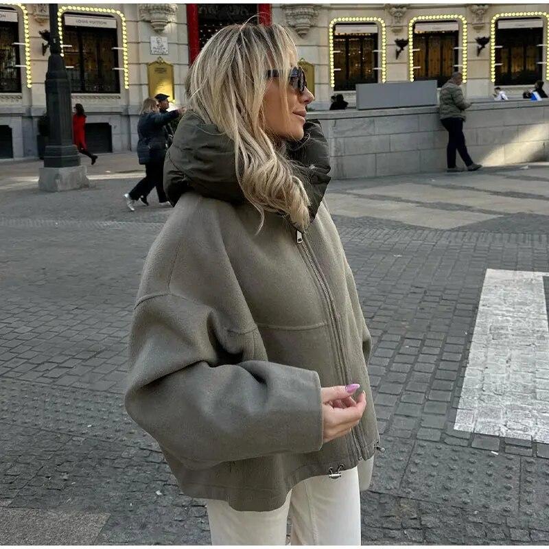 Повседневная свободная женская куртка с капюшоном, однотонная лоскутная молния, теплые пальто с длинными рукавами, осень-зима, женская шикарная уличная верхняя одежда, женское шерстяное пальто, уличная одежда