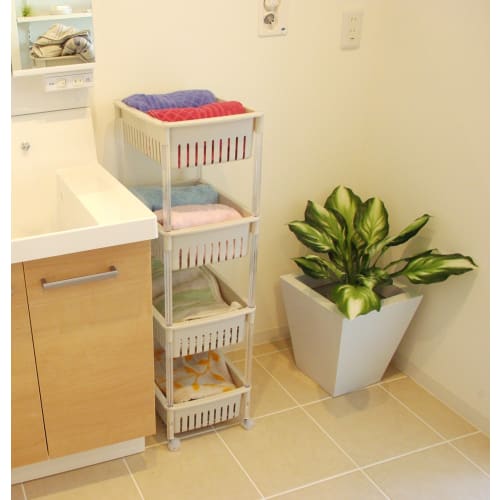 Sanko Plastic M-40 Luce Kitchen Cart, Beige, 4-Tier, 28.5cm Wide X 39cm Deep X 97.2cm High, Made In Japan, Mesh Finish with Casters, Stylish Space-Sav