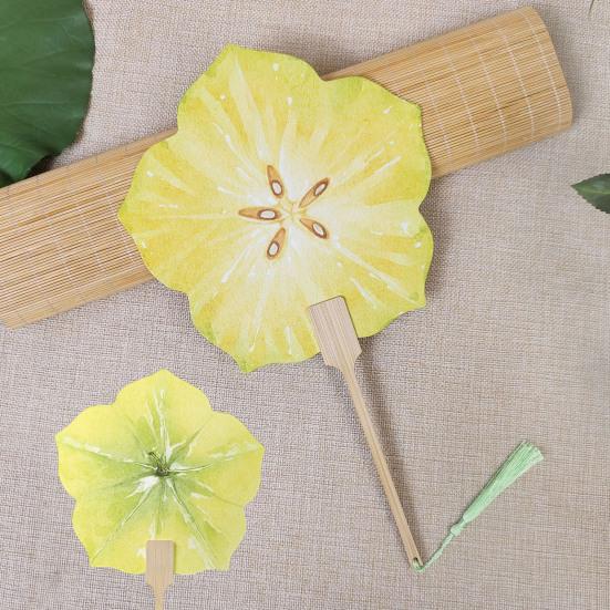 Fruit Print Fan with Wooden Long Handle Portable Lightweight Outdoor Travel Camping Picnic Summer Handheld Round Paper Fan