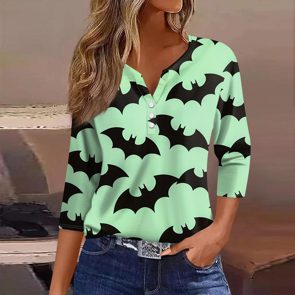 Жен. Футболка Футболка С принтом Пуговицы Рукав 3/4 Повседневные Выходные Мода Классический V-образный вырез Обычный Топ