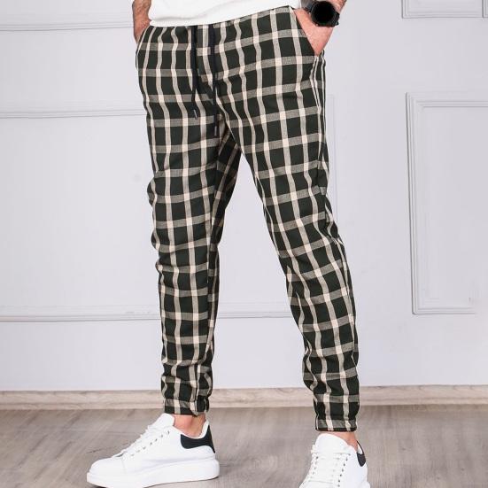 Men Pants Color Matching Plaid Print Drawstring Elastic Waist Ankle-banded Pockets Mid Waist Soft Casual Breathable Sports Jogging Trousers