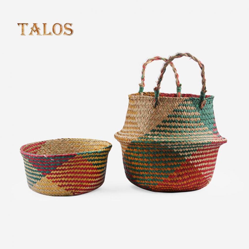 T-Garden Folding Straw Wicker Storage Basket Handle Garden Flower Pot Planter Laundry Bag