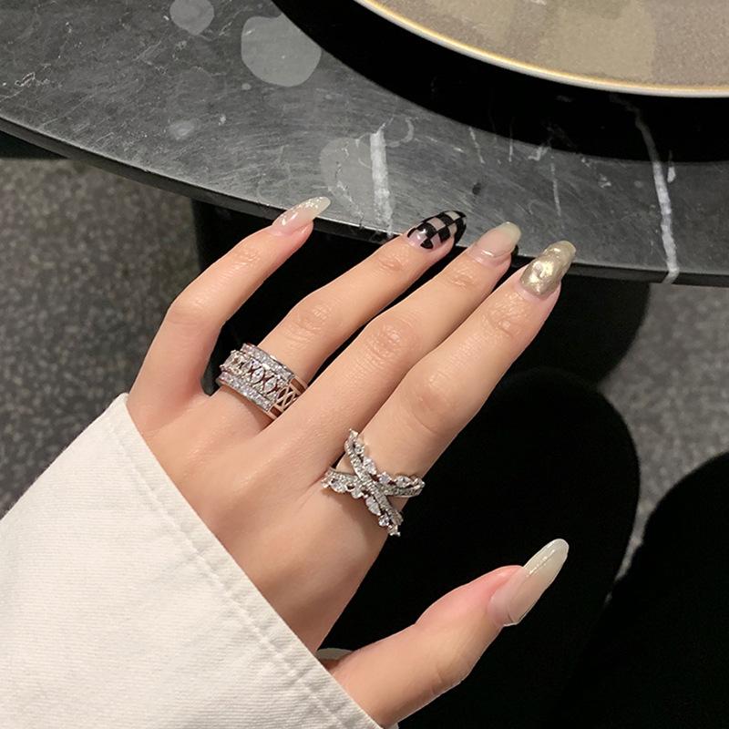 Full Diamond Niche Design High Sense Cross Opening Ring Wide Version Zircon Flash Diamond Light Luxury Personality Index Finger Women'S Fashion
