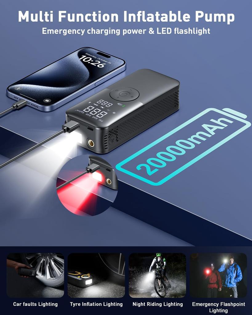 Tire Inflator Portable Air Compressor Faster Inflation 150PSI & 20000mAh Cordless Portable Air Pump, Accurate Pressure LCD Display & Emergency Light