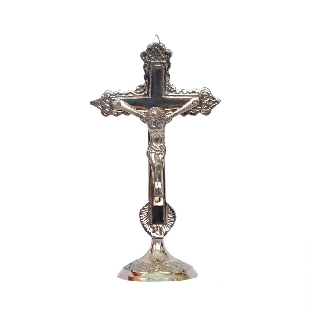 Christian Cross Jesus Christ Statue In Antique Finish- Brass Jesus Christ Cross Table Standing Showpiece Creative Lord Jesus Holy Cross Brass Statue