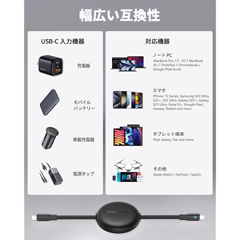 Type C Cable VOLTME Roll-up Type Double Pull Type 1m USB-C To 60W PD3.0 Fast Charging With LED Light USB Type C Data Transfer 480Mbps Not Tangled