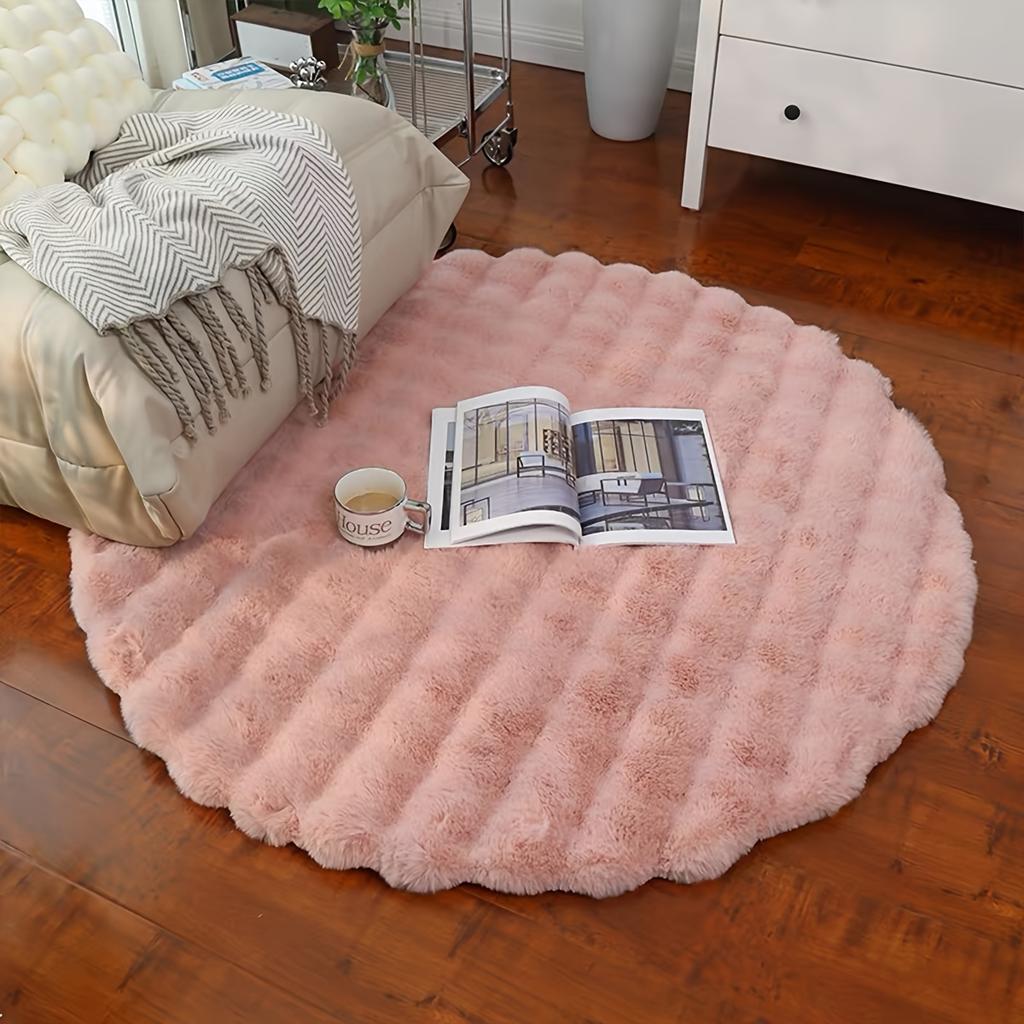 Fluffy Bubble Fleece Rug, Round Soft Carpet 90x90cm, Easy Clean Home Decor Mat for Bedroom Living Room, 4 Colors