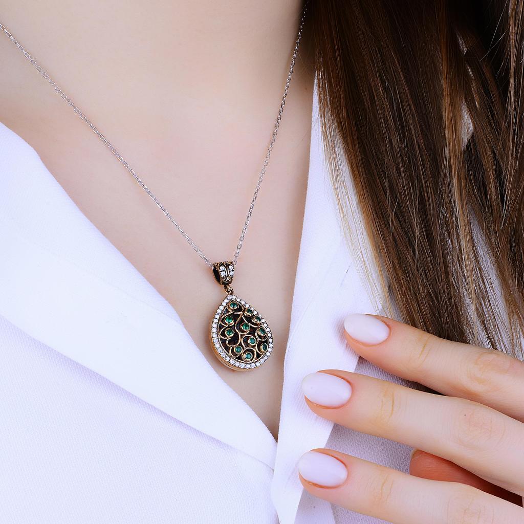 Комплект ювелирных изделий из серебра 925 карата с изумрудными камнями, османский дизайн в форме капли, уникальная идея подарка для женщин, настоящий комплект серебряных украшений