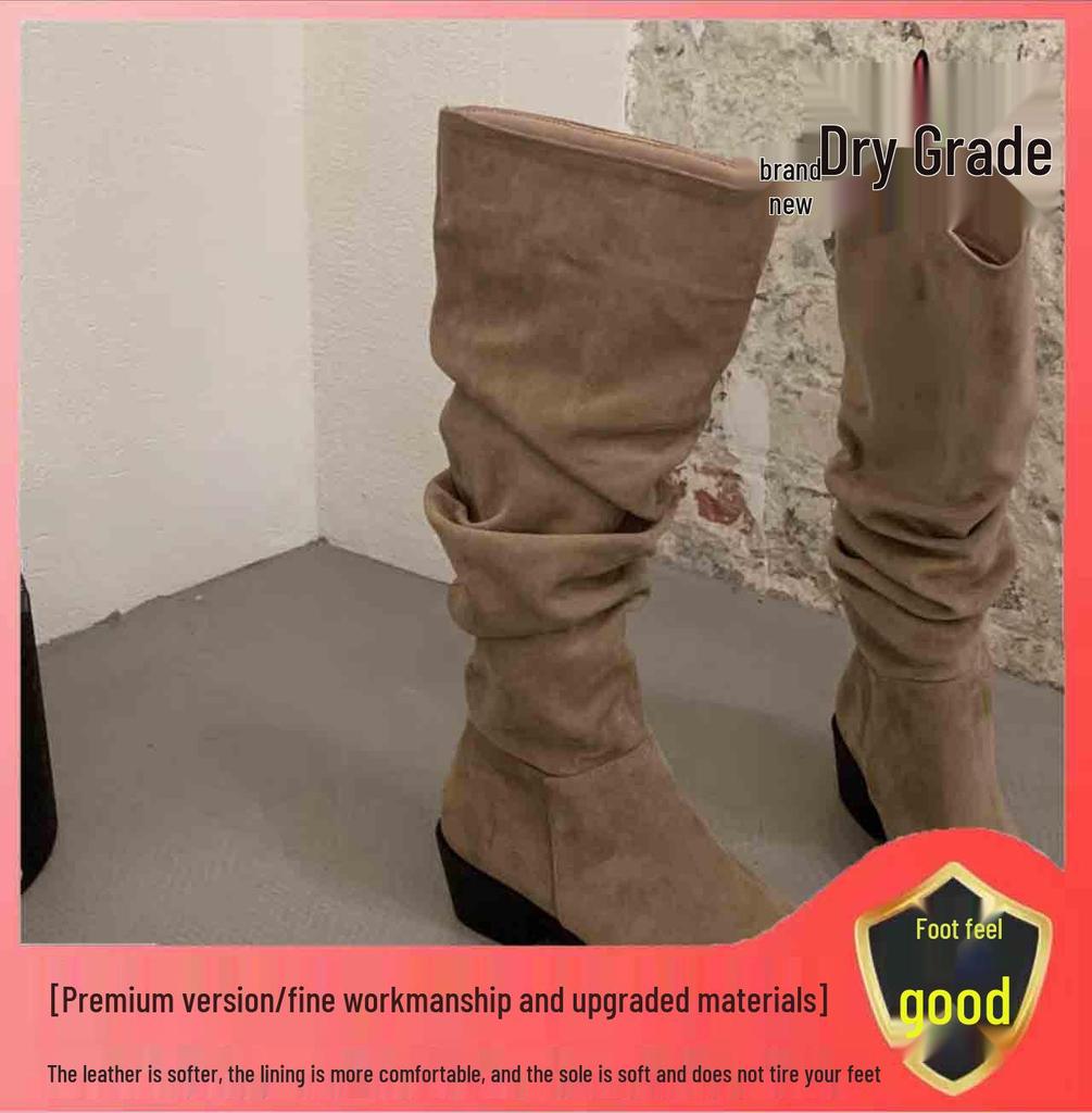 Женские замшевые ботфорты на высоком каблуке с острым носком и бархатной подкладкой, коллекция осень/зима 2024 - стиль "длинные рыцарские"