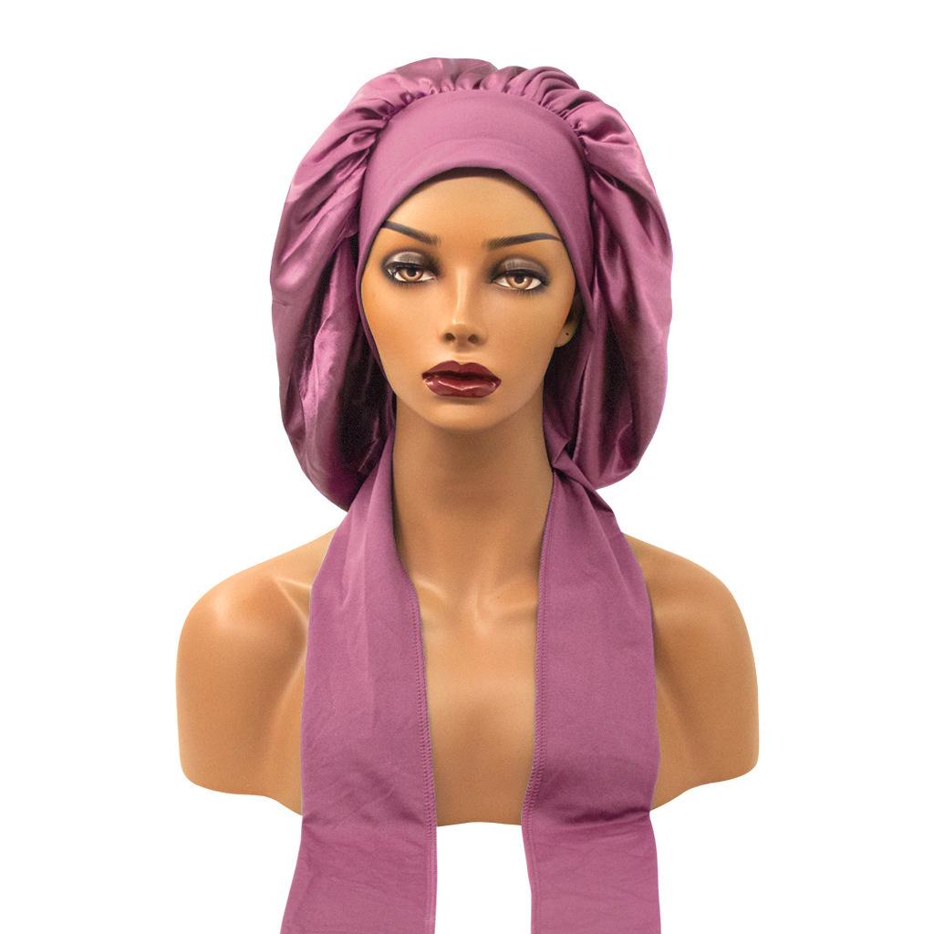 Satin Nightcap with Wide Elastic and Long Tail - Extra Large Women's Ribbon Shower Hat