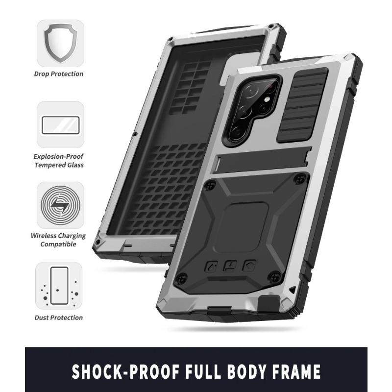 Rugged Armor Heavy Metal Case for Samsung S24 S23 S22 S21 Plus S20 Note 20 Ultra Aluminum Shockproof Cover Tempered Glass Stand
