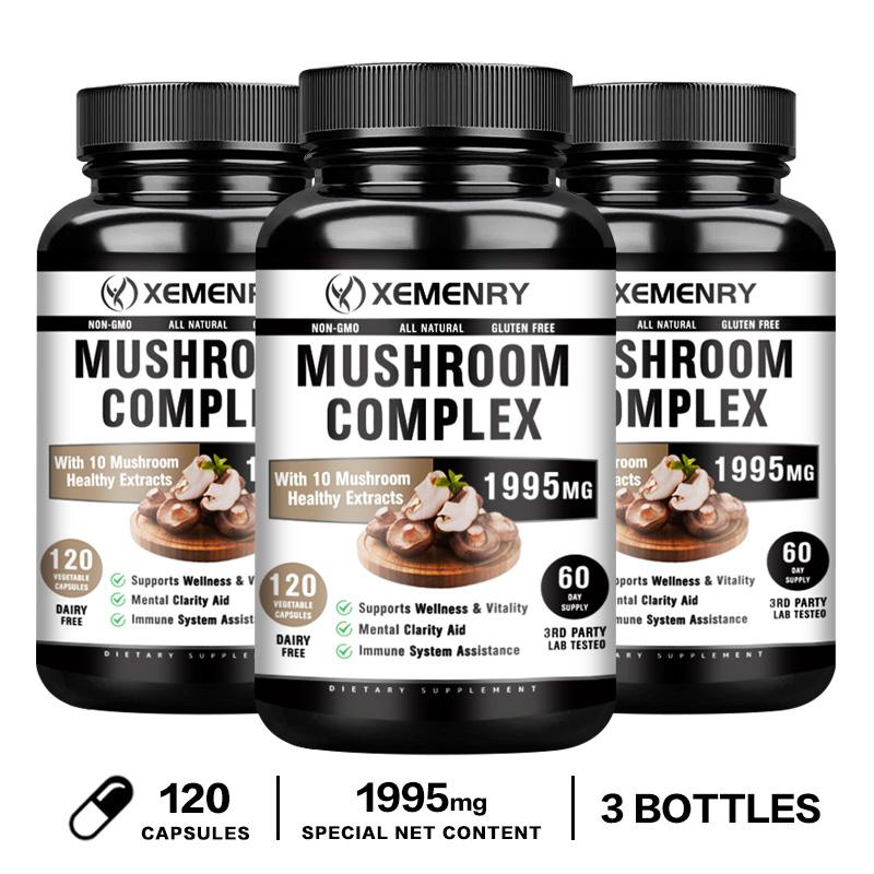 XEMENRY capsules containing 10 kinds of complex mushroom extracts, 1995mg, for immune health, suitable for adults.
