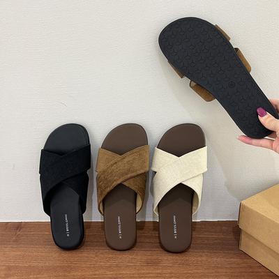 Льняные тапочки с перекрестными ремешками женская уличная летняя новинка ретро повседневные сандалии для отпуска на море пляжные сандалии на плоской подошве