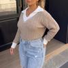 Women S Plus Size Color Block Pullover Sweater Long Sleeve Turn Down Collar Autumn Winter