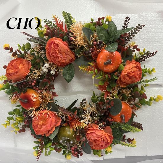 Hydrangea Peony Garland Autumn Pumpkin Wreath Artificial Twig Vintage Floral Spring And Summer Set Seasonal Door Hanger for Thanksgiving Harvest Decor
