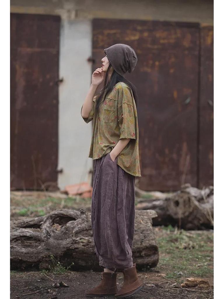 Женская футболка с коротким рукавом из хлопка и льна с пескоструйной обработкой в винтажном стиле