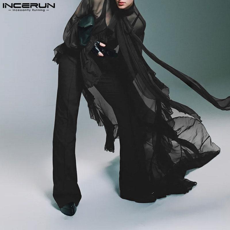 INCERUN Мужские топы с завязками на шее, длинными рукавами, оборками, неровными слоями, из сетки, длинные, для вечеринок и клубной одежды