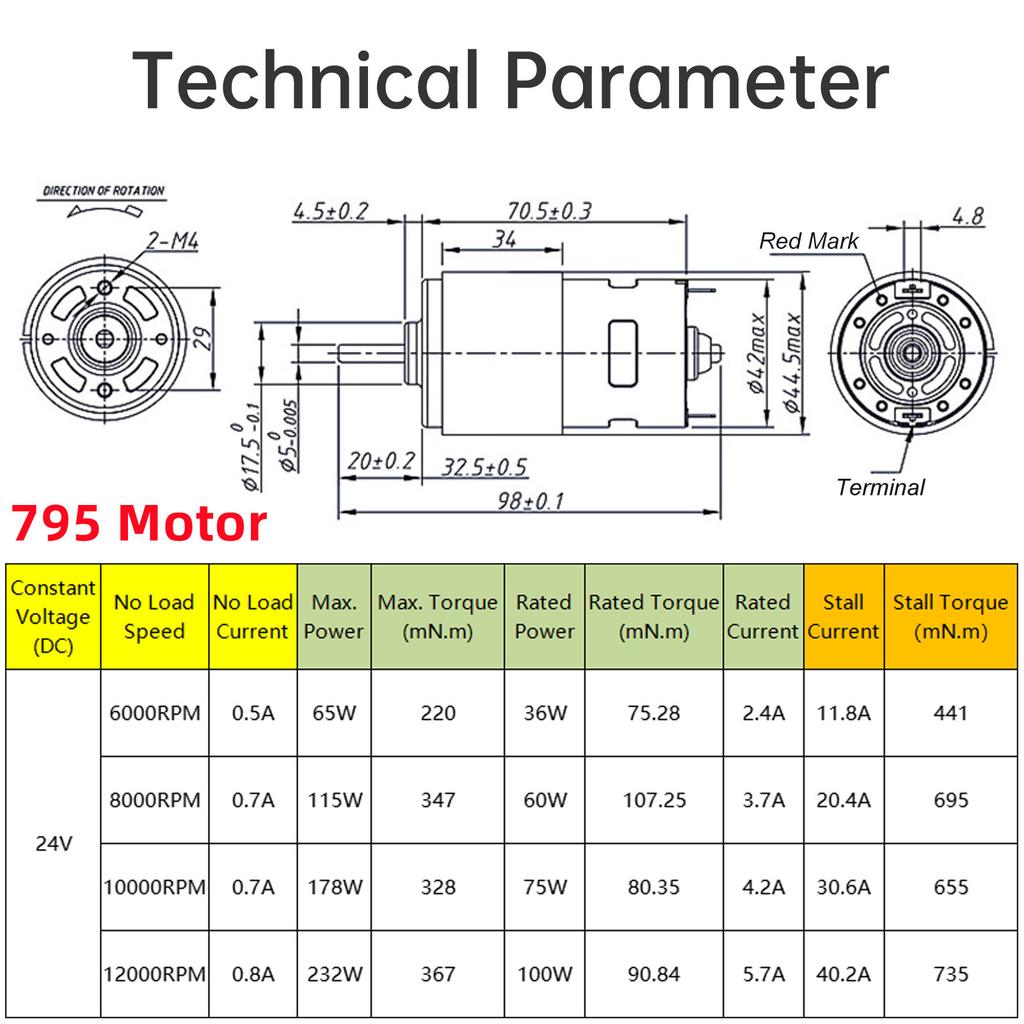795 895 DC Motor 12 /24V 3000-12000RPM High Torque Electric Motor for Electric Tool/DIY Small Drill with Double Ball Bearing