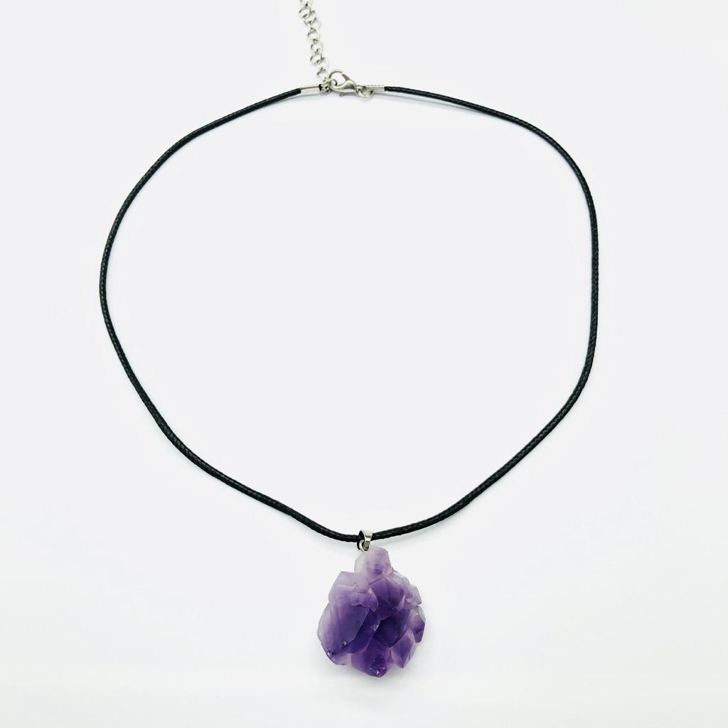 Amethyst Pendant Fairy Necklace with Black Braided Rope - Simple Clavicle Chain for Summer