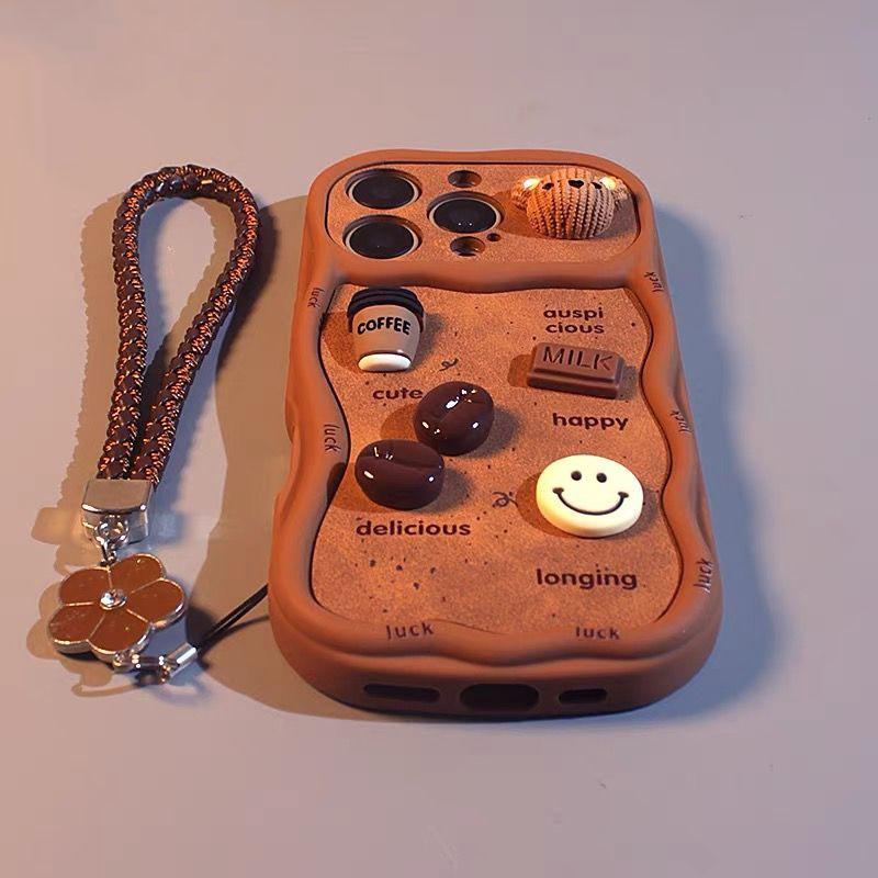 Suitable for Iphone 3D Cute Coffee Brown Wavy Edge Phone Case with Lanyard Soft Silicone Cover Perfect Gift for Girls Firends