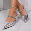 Fashion Sexy Pointed Toe Mules Slippers Women 2025 Summer Silver Glitter Chain Spike High Heel Sandals Fashion Party Dress Shoes Women