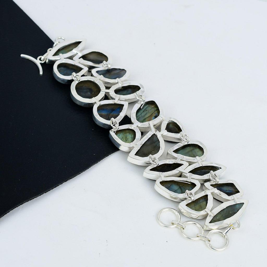 Natural Labradorite Gemstone Handmade 925 Sterling Silver Bracelet, Labradorite Bracelet For Wife , Unisex Bracelet Party Wear Gift
