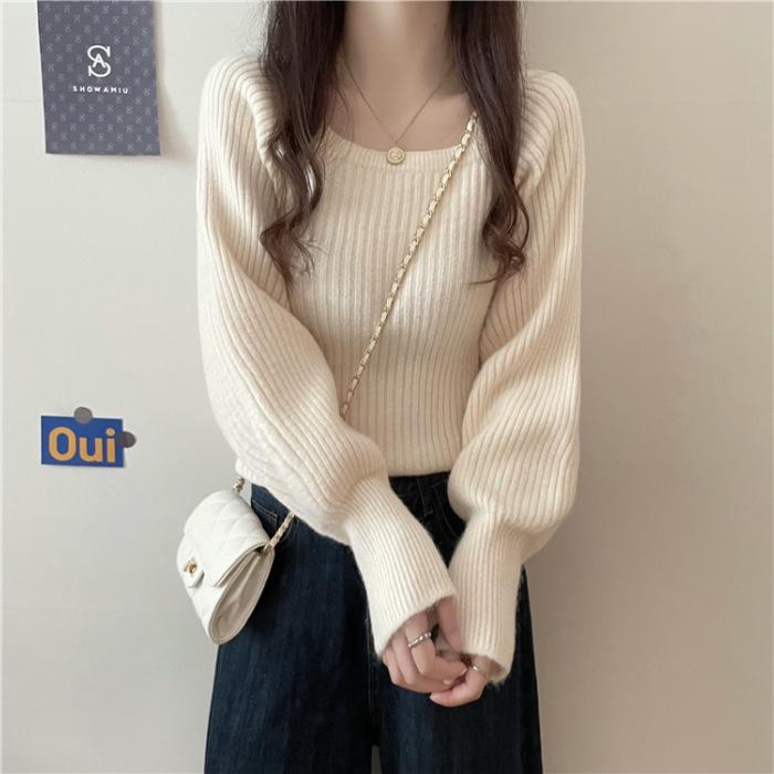 Women's French Square Neck Puff Sleeve Sweater - Spring 2023 Knit Top