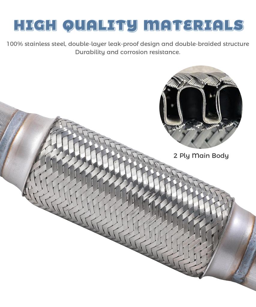 Exhaust Flex Pipe 2.5 x 8 Inch Heavy Duty Stainless Steel Muffler Tube Reduces Vibration Noise Universal Fit for Cars Trucks SUVs