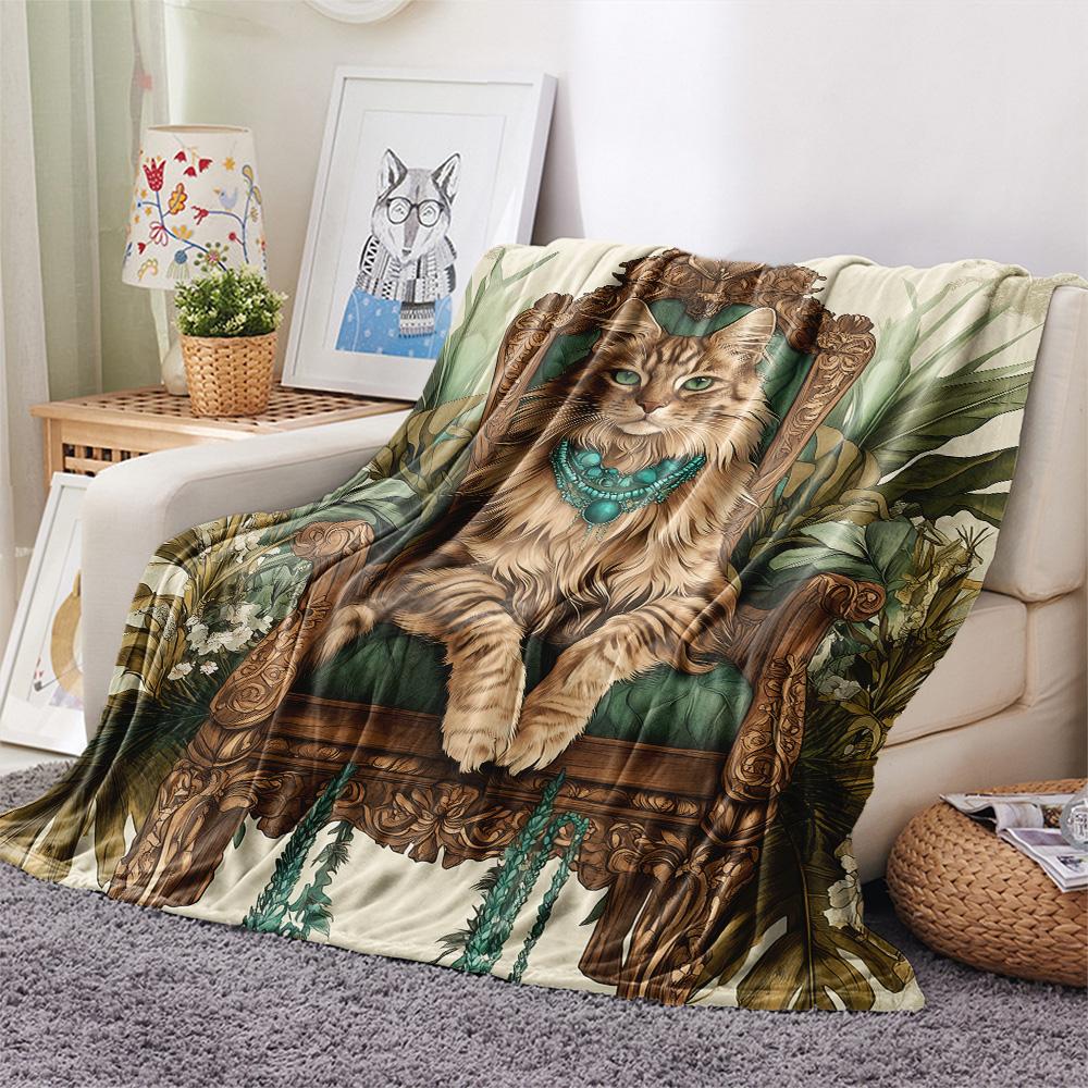 Gem Cat Print Flannel Blanket, High quality Comfortable for All Seasons, Home Decor, Warmth and Comfort