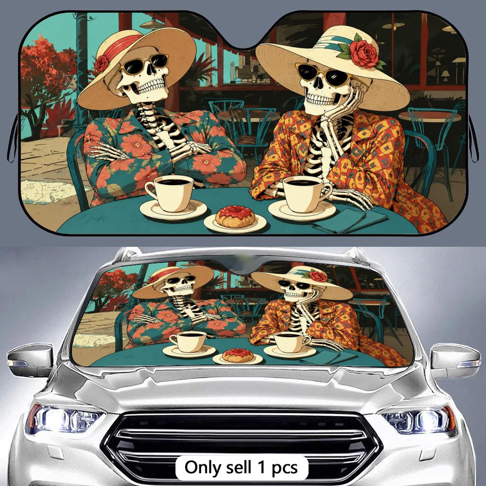 Skeleton Coffee Lover Sun Visor Aluminum Foil Windshield Sunshade with Reflective UV Protection Heat Insulation Foldable Design