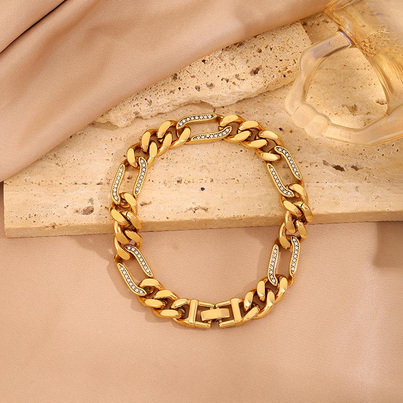 Женский браслет-кубинская цепь из титановой стали с покрытием из 18-каратного золота и инкрустацией бриллиантами - Роскошная европейская и американская мода