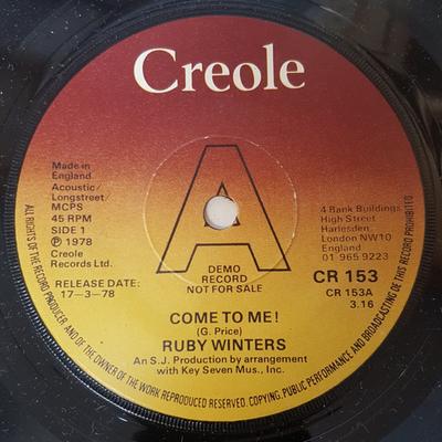 7-дюймовая пластинка RUBY WINTERS - Come To Me! / Обращайся со мной правильно CR153PROMO КРЕОЛЬСКИЙ 1978 Великобритания Соул/Фанк Б/У