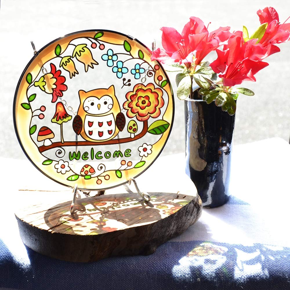 Fourcart Cute Handmade Glass Stained Frame, Fairytale Forest Owl Welcome, Round, Set of 6