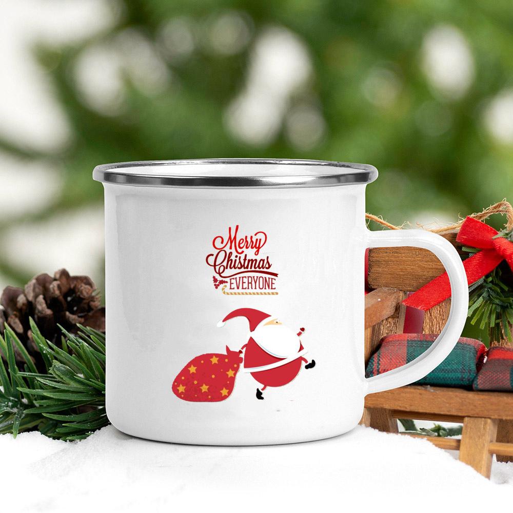 Merry Christmas Tree Snowman Santa Printed Mug Enamel Handle Coffee Cup Banquet Party Drinking Mugs Gift for Family Lover Friend