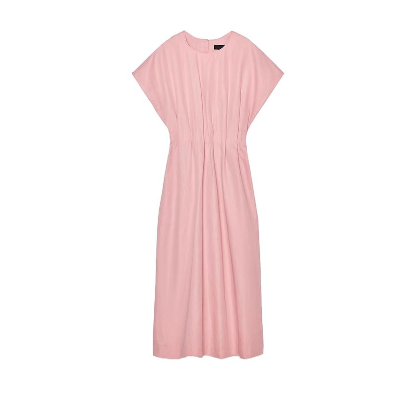 Summer New Women Clothes Basic Round Neck Casual Straight Pleated Short Sleeve Midi Dress 4333041