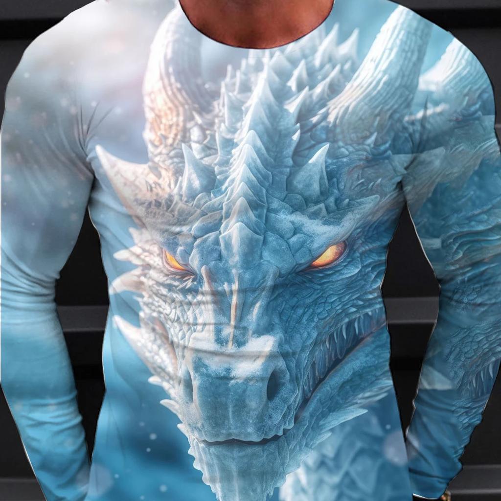Мужские футболки с длинным рукавом, длинная футболка с 3d принтом для мужчин, уличный пуловер с круглым вырезом, футболка большого размера, мужская одежда с принтом дракона