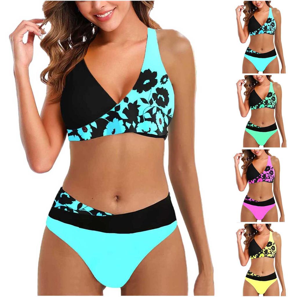 Women's Fashion Split High Waist Printed Bikini With Bra Pads And No Steel Bra Swimsuit